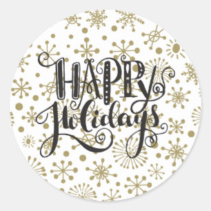 Gold & White Retro Snowflakes HAPPY HOLIDAYS Favou Classic Round Sticker