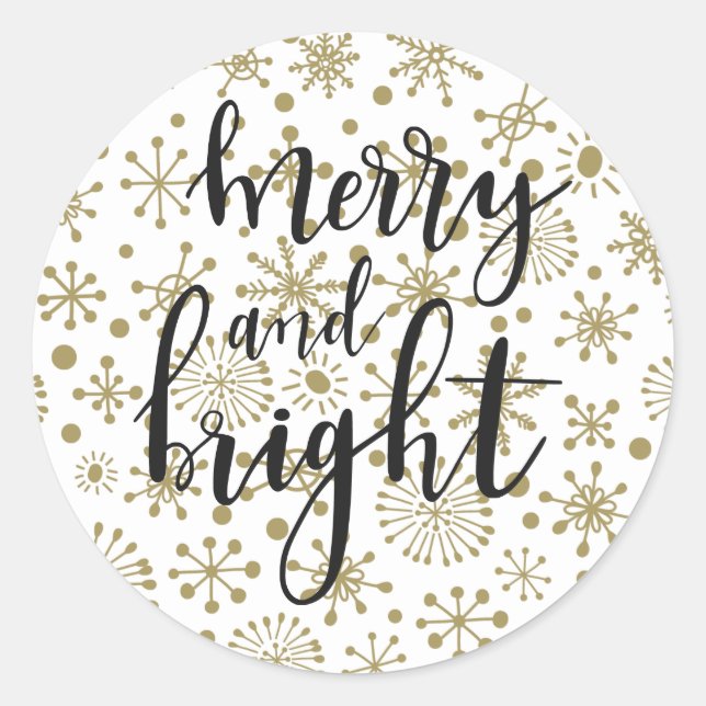 Gold & White Retro Snowflakes MERRY & BRIGHT Favou Classic Round Sticker (Front)
