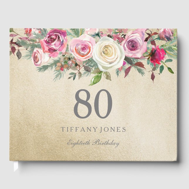 Gold White Rose Floral 80e Anniversaire Livre d'hô (Recto)