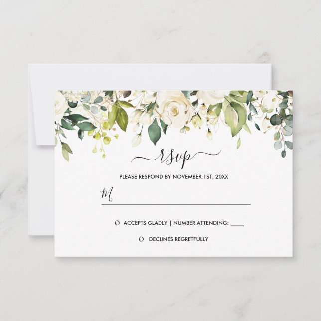 Gold White Rose Wedding RSVP Card (Front)