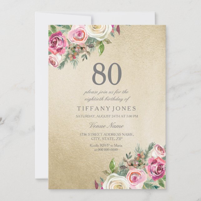 Gold White Roses Womans 80th Birthday Party Invite (Front)