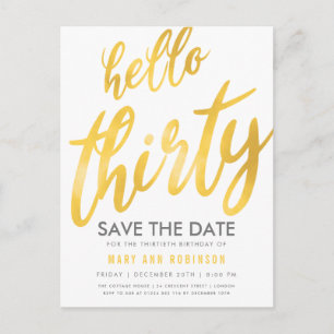 Gold White Save Date Thirty Birthday Party Postcard