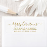 Gold White Script Christmas Return Address Label<br><div class="desc">Modern Elegant Gold and White Hand Lettered Christmas Family Return Address Labels. Featuring a pretty hand-written calligraphy swash-tail font script with saying "Merry Christmas". Great for Christmas holiday season,  easy to personalize them with your names and return address info.</div>