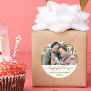 Gold White Script Couple Photo Happy Holidays Classic Round Sticker