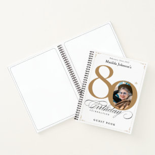 Gold White Script Elegant 80th Birthday Guestbook Notebook