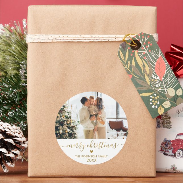 Gold White Script Family Photo Merry Christmas Classic Round Sticker (Holiday)