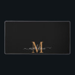 Gold White Script Monogram On Black Desk Mat<br><div class="desc">An elegant modern trendy style monogrammed desk mat with a gold serif initial and a white script last name.</div>