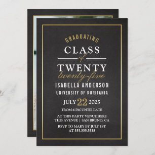 Gold & White Script on Chalkboard   Graduate Photo Invitation