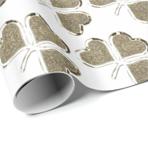 Gold White Shamrock Clover Pattern Irish Ireland Wrapping Paper