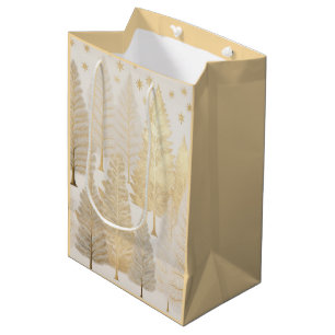 Gold White Silver Christmas Pine Trees Gift Bag