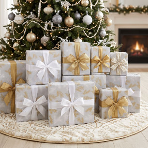 Gold White Silver Grey Elegant Botanical Christmas Wrapping Paper