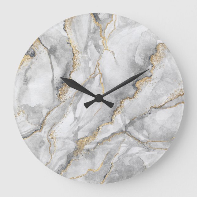 Gold White Silver Marble Pretty Large Clock (Front)