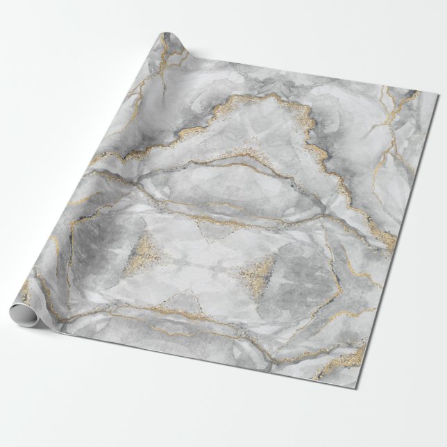 Gold White Silver Marble Pretty Wrapping Paper (Unrolled)