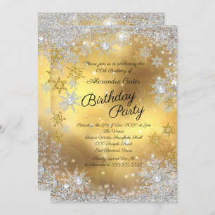 Gold White Silver Snowflake Birthday Party Invitation