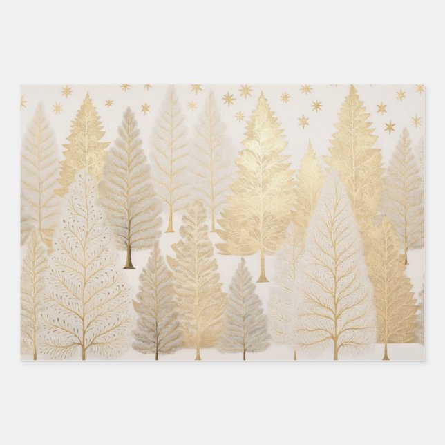 Gold White Silver Trees Christmas Wrapping Paper Sheet (Front 2)