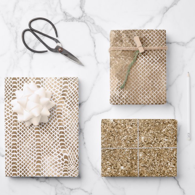 Gold White Snake Print Wrapping Paper Sheet (Front)