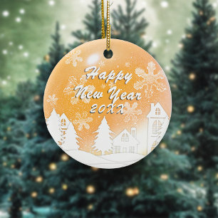 Gold White Snow House Christmas New Year Ceramic Ornament