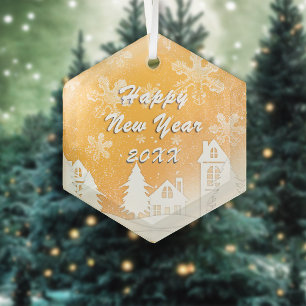 Gold White Snow House Happy New Year Glass Ornament