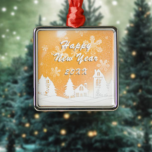 Gold White Snow House Merry Christmas Metal Ornament