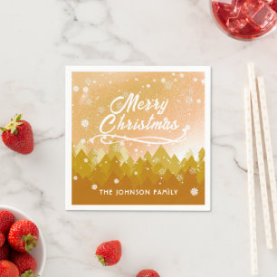 Gold White Snow Peaceful Forest Merry Christmas  Napkin