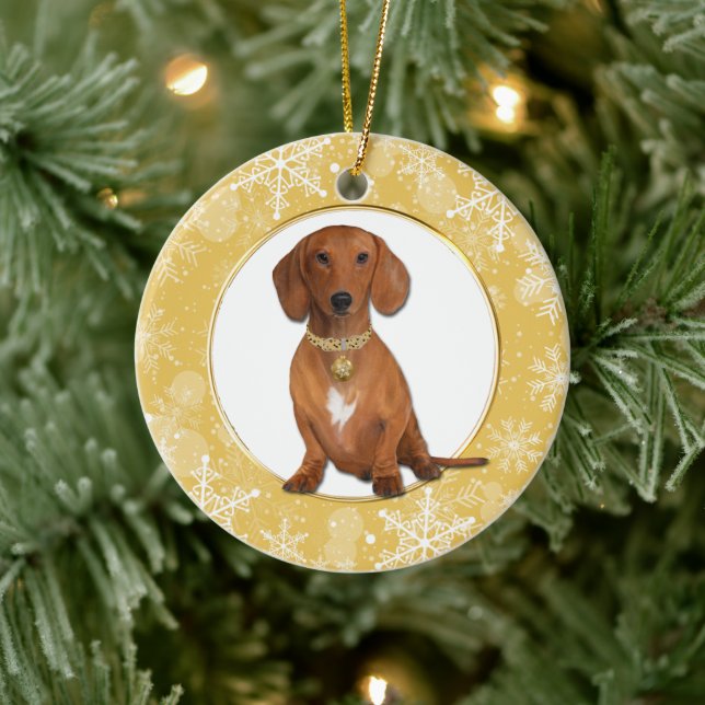 Gold White Snowflake Border Red Dachshund Ceramic Ornament (Tree)