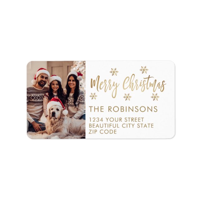 Gold White Snowflake Christmas Return Address Label (Front)
