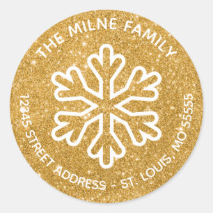 Gold & White Snowflake - Circle Return Address Classic Round Sticker