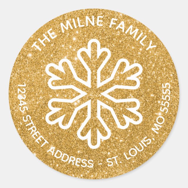 Gold & White Snowflake - Circle Return Address Classic Round Sticker (Front)