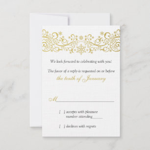 Gold White Snowflake Floral Wedding RSVP Reply