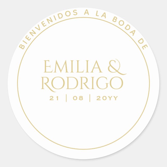 Gold White Spanish Boda Welcome Wedding Favour Classic Round Sticker (Front)