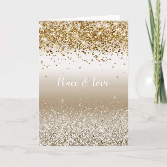 Gold White Sparkle Glitter Peace Love Card (Front)
