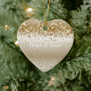 Gold White Sparkle Glitter Peace Love  Ceramic Ornament