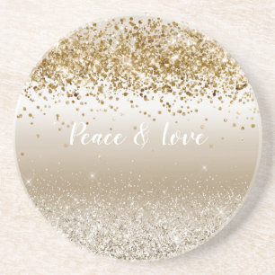 Gold White Sparkle Glitter Peace Love    Coaster