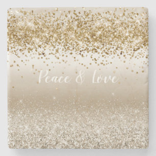 Gold White Sparkle Glitter Peace Love              Stone Coaster
