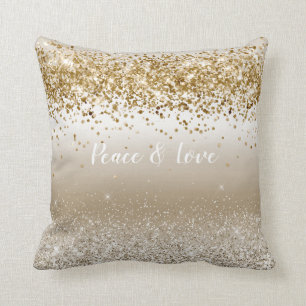 Gold White Sparkle Glitter Peace Love Throw Pillow