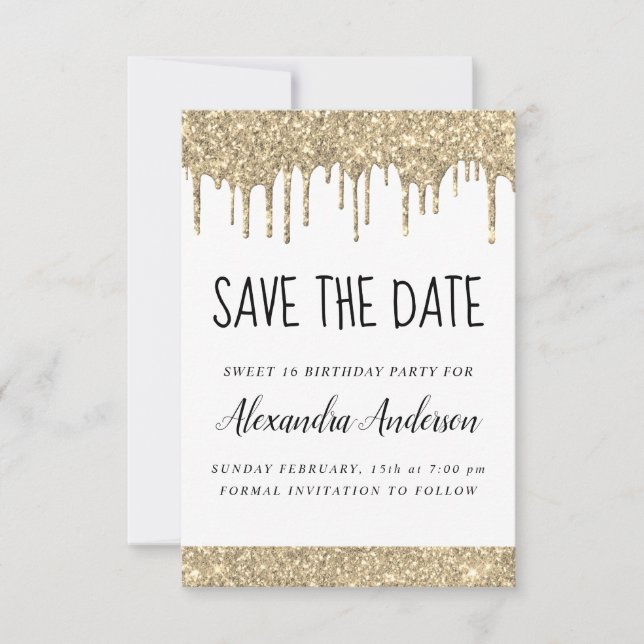 Gold White Sparkle Glitter Sweet 16 Save the Date Invitation (Front)