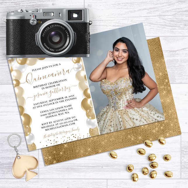 Gold White Sparkle Photo Quinceañera Balloon Invitation (Gold Glitter Balloon Quinceanera Invitation)