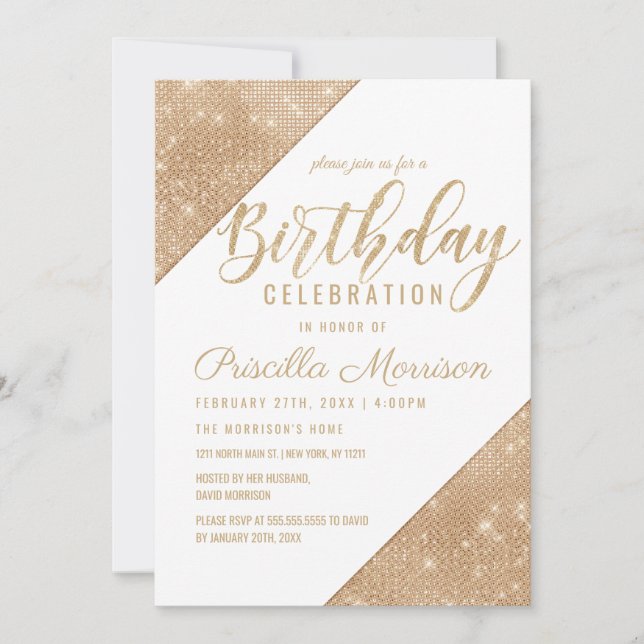 Gold White Sparkling Glitter Sequin Birthday Invitation (Front)