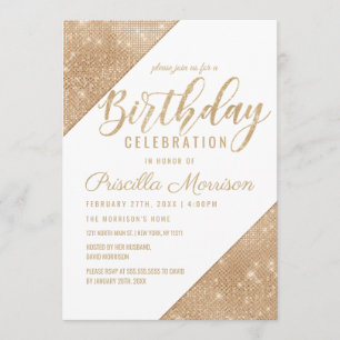 Gold White Sparkling Glitter Sequin Birthday Invitation