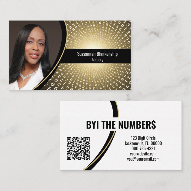 Gold White Spiral Numbers Custom Photo QR Code Business Card (Front/Back)