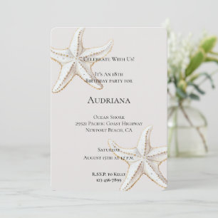 Gold White Starfish Cream Birthday Invitation