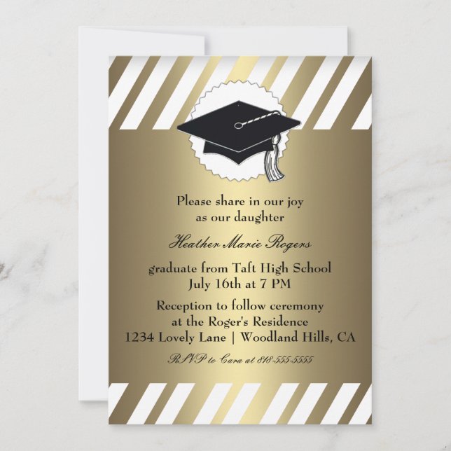 Gold White Striped Graduation Inivitation Invitation (Front)