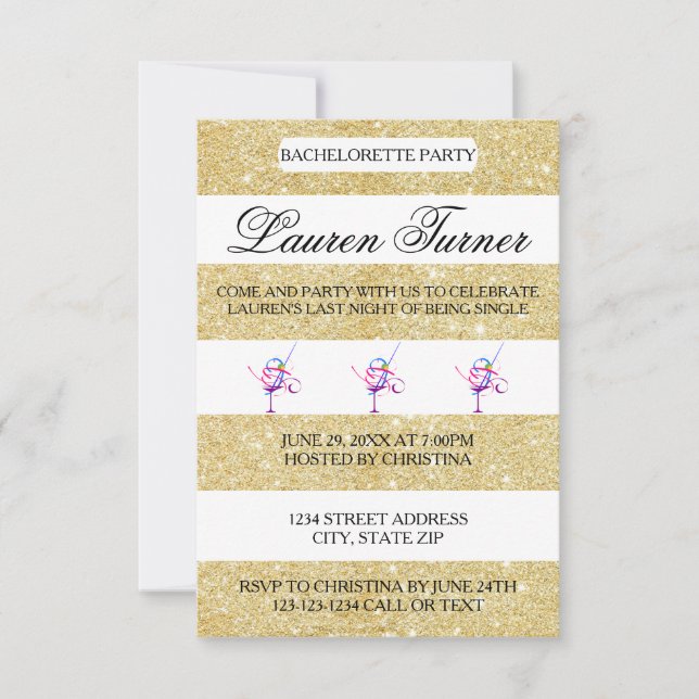 Gold & White Stripes - 3x5 Bachelorette Invitation (Front)