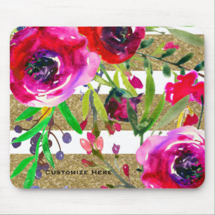 Gold White Stripes Bold Glam Floral Botanical Mouse Pad