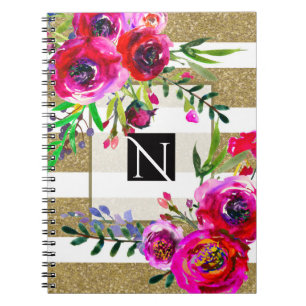 Gold White Stripes Bold Glam Floral Botanical Notebook