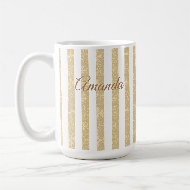 Gold & White Stripes Elegant Coffee Mug (Left)