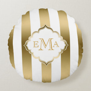 Gold & White Stripes Geometric Pattern Round Pillow