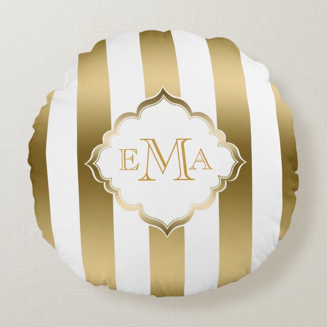 Gold & White Stripes Geometric Pattern Round Pillow (Front)