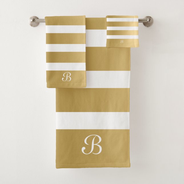 Gold & White Stripes Monogram Bath Towel Set (Insitu)