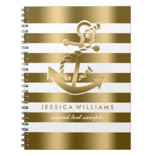 Gold & White Stripes Pattern With Anchor Notebook